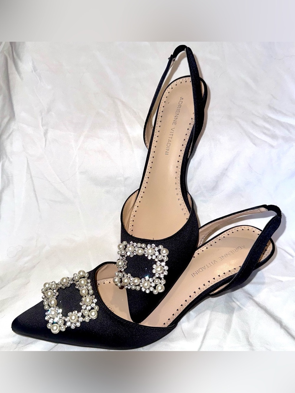 Adrienne Vittadini Black Satin Jeweled Pointed Slingback Heels NWOT